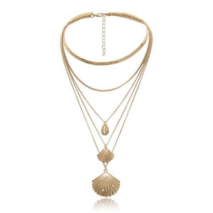 Multilayers Choker Necklace Women Gold Rhinestone Shell Pendant