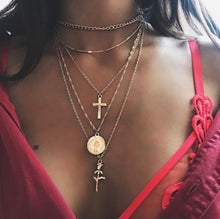 Load image into Gallery viewer, Women Bohemian Retro Coin Cross Rose Pendant Gold Clavicle Chain Personality Multilayers Necklace