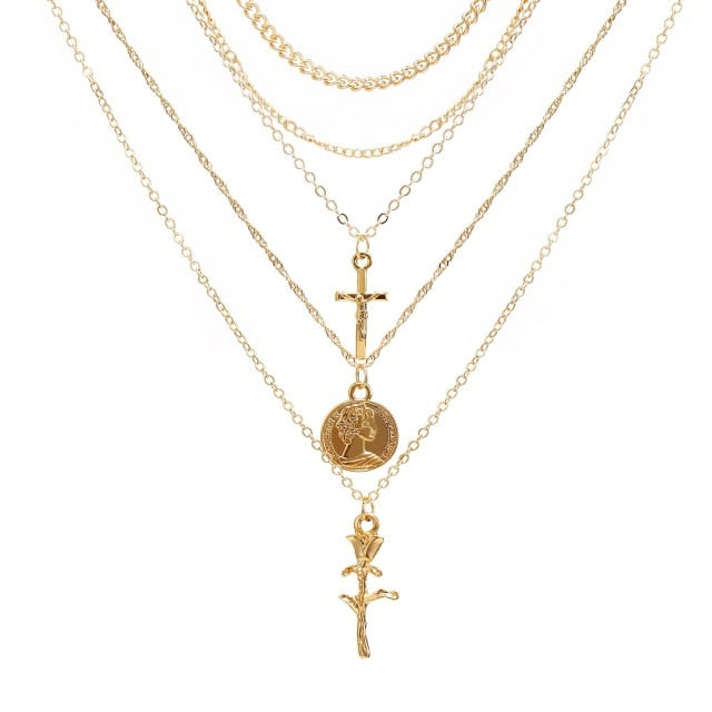 Women Bohemian Retro Coin Cross Rose Pendant Gold Clavicle Chain Personality Multilayers Necklace