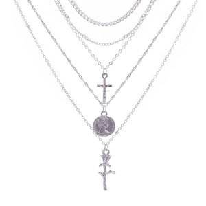 Women Bohemian Retro Coin Cross Rose Pendant Gold Clavicle Chain Personality Multilayers Necklace
