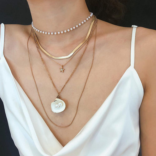 Multilayers Handmade Shell Stars Pendant Necklace Clavicle Pearls Chains Fashion Necklace