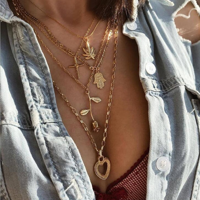 Vintage Maple Leaf Cross Hand Pendant Multilayer Gold Flowers Heart Necklace