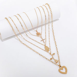 Vintage Maple Leaf Cross Hand Pendant Multilayer Gold Flowers Heart Necklace