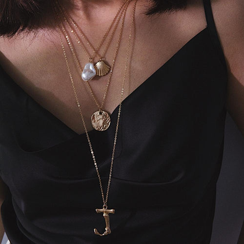 Multi Layered Simulated Pearl Shell Choker Necklace Collar Statement Coin J Letter Pendant Necklaces
