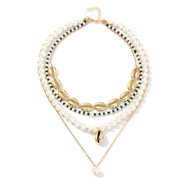 Multilayers Gold Shell Necklaces for Women Statement Pearls Choker Necklace