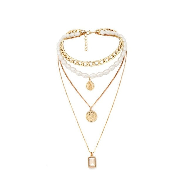 2019 New Fashion Gold Color Multilayer Chains Pearl Necklaces Geometric Crystal Pendants Necklaces