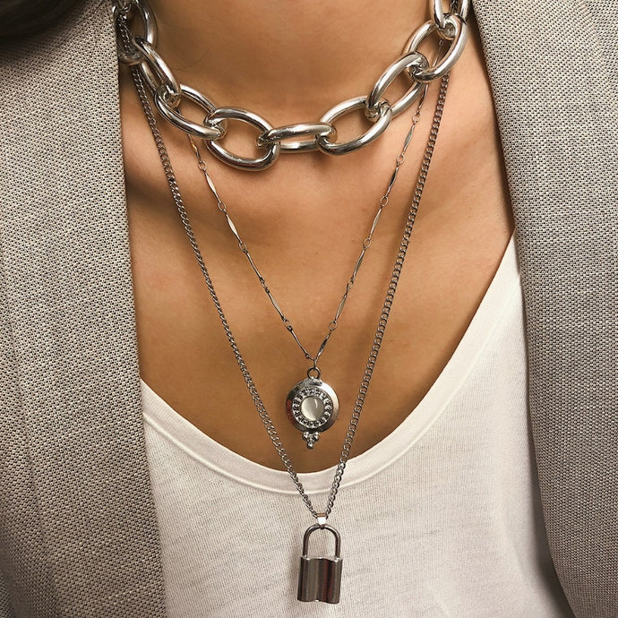 Punk Lover's Lock Pendant Choker Necklace Boho Clavicle Golden Thick Chain Opal Crystal Necklaces