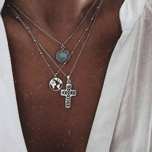 Layered World Map Cross Pendant Choker Necklace