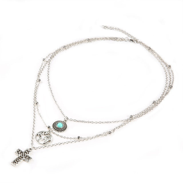 Layered World Map Cross Pendant Choker Necklace