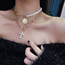 Load image into Gallery viewer, Luxury Design Imitation Pearls Choker Necklace Female Cross Pendant Necklaces