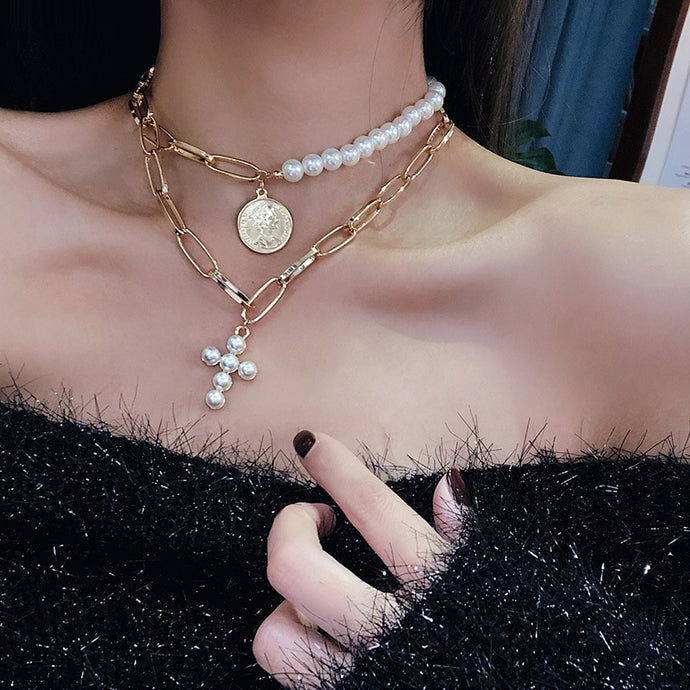 Luxury Design Imitation Pearls Choker Necklace Female Cross Pendant Necklaces