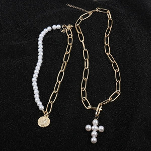 Luxury Design Imitation Pearls Choker Necklace Female Cross Pendant Necklaces