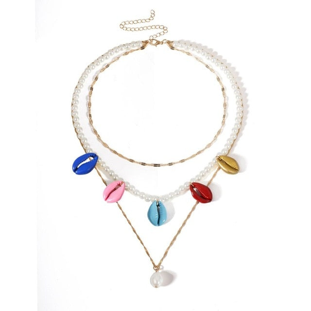 Three Layers Colorful Shell Pendant Necklaces Natural Shell